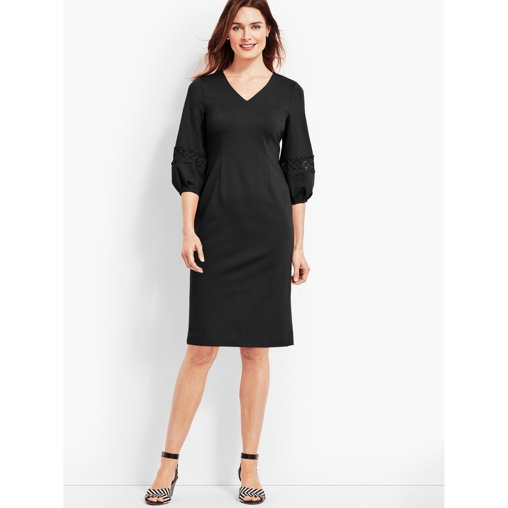 Talbots Women's Black Ponte Knit Sheath Dress V-Neck Embroidered Sleeves Size 2โ
